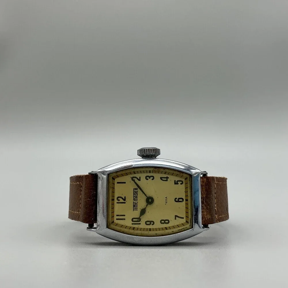 Vintage Time Master Mens Watch 27mm Cream Dial Tonneau Brown Leather Manual USA